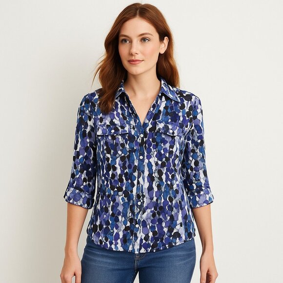 Ann Taylor Petites Blue Purple Abstract Blouse Button Front Roll Tab Size 4P - Picture 1 of 9